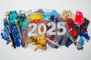 Colorful 2025 Paint Strokes Vibrant palette new year artistic creation paintbrushes future vision photo