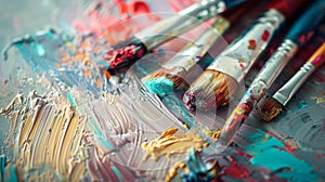 Colorful paintbrushes with paint on a palette