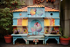 colorful painted chicken coop with nesting boxes