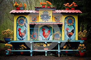 colorful painted chicken coop with nesting boxes