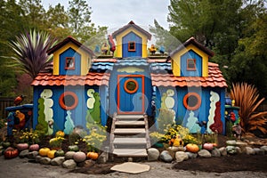 colorful painted chicken coop with nesting boxes