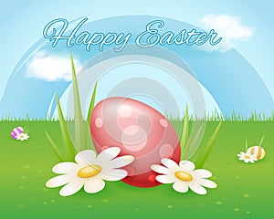 Colorful painted easter egg on flower grass sky clouds background sping holiday template cartoon design vector