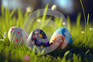 Colorful Painted Easter Eggs Background on Green Grass Generative AI