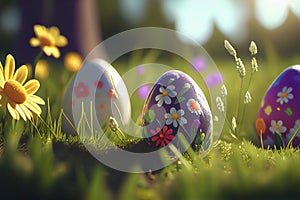 Colorful Painted Easter Eggs Background on Green Grass Generative AI