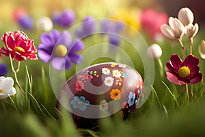 Colorful Painted Easter Eggs Background on Green Grass Generative AI