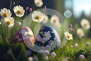 Colorful Painted Easter Eggs Background on Green Grass Generative AI