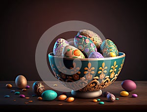 Colorful painted easter eggs in bowl. dark background. spring holiday. generative ai