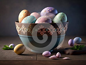 Colorful painted easter eggs in bowl. dark background. spring holiday. generative ai