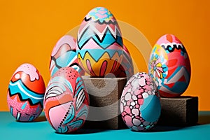 Colorful painted easter eggs in bright latin colors