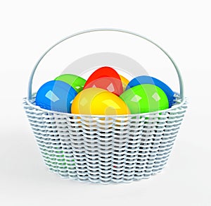 Colorful painted easter eggs in brown basket