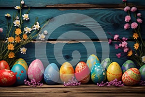 Colorful Painted Easter Eggs And Flowers On Wooden Table Background - Generative AI