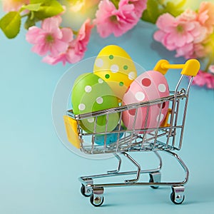Colorful painted Easter eggs in shopping cart on blue background. Sale.