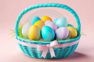 Colorful Painted Easter Eggs in a Wicker Basket on Pastel Background