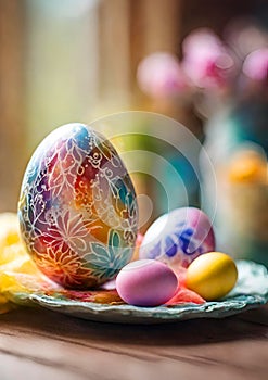 Colorful painted easter eggs on wooden table and blurred background.