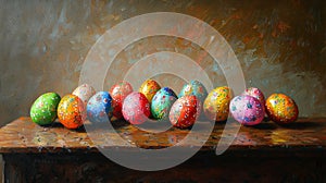 Colorful painted eggs arranged in a decorative display for easter celebration or spring decoration