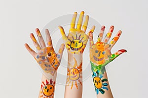 Colorful painted hands raised joyfully