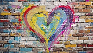 Colorful painted heart on old brick wall background