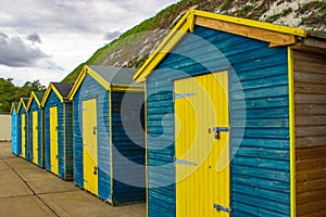 Colorful painted huts Dumpton Gap beach Broadstairs Kent England