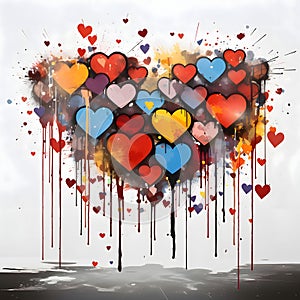 Colorful painted with paint flashes, color, heart decorated with colorful tiny hearts, white backgrounart as a symbol of