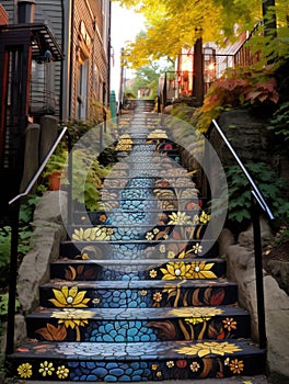A colorful painted set of stairs leading to a house, AI