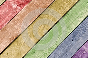 Colorful painted wooden background. Texture of old wooden boards.