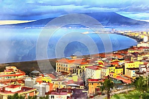 Colorful painting of aerial view on Mount Vesuvius