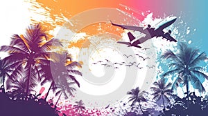 A colorful painting of an airplane flying over palm trees, AI
