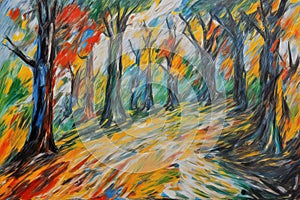 colorful painting of autumn landscape with trees and foliage in the backgroundcolorful painting of