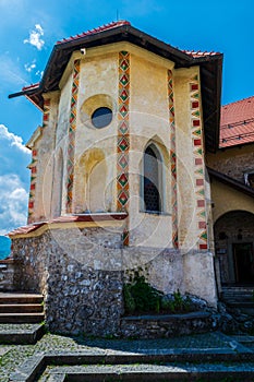 Colorful painting on chapel exterior of Bled Castle in Slovenia