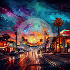 a colorful painting of a city street at night with palm trees , generated by AI