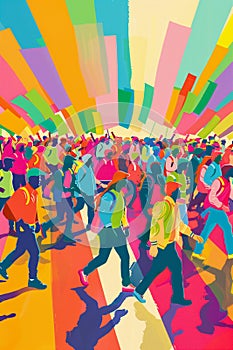 A colorful painting of a crowd of people walking down a street