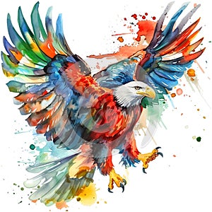 Colorful painting flying eagle. Vector dirty background with watercolor spots, splashes, splatters. Isolated drawing freedom