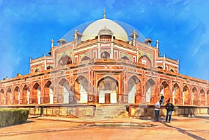 Colorful painting of Humayun`s tomb, 1570s, Delhi, India