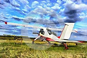 Colorful painting of light aircraft plane parked at a grass airfield