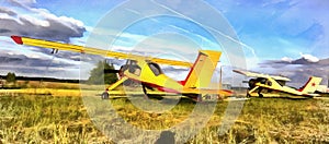 Colorful painting of light aircraft planes parked at a grass airfield