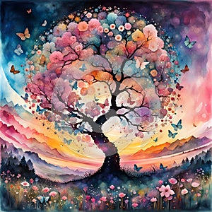 colorful painting of a magic tree of life with spring blossom and butterflies in a fantasy landscape