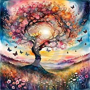 colorful painting of a magical tree of life with blossom and butterflies in a fantasy landscape