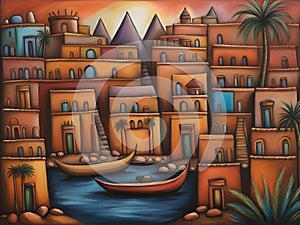 colorful painting of the old city of egypt