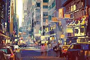 Colorful painting of people walking on city street