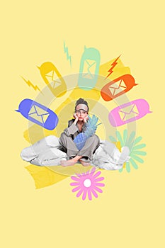 Colorful painting poster banner collage of annoyed girl no sleeping work notification letters clients reserve summer