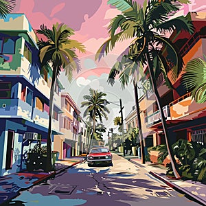 A colorful painting of a street scene with palm trees and a red car