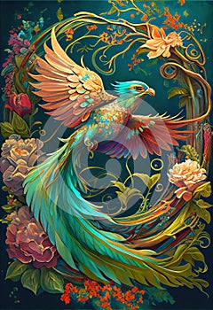 Colorful bird rainbow colors painting Mucha style photo