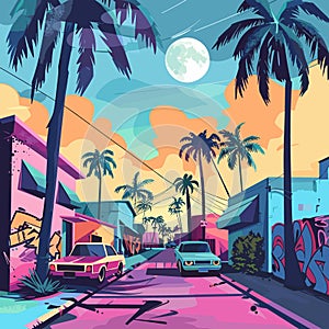 A colorful painting of a tropical city street with palm trees and cars