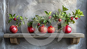 Colorful painting of various fruits displayed on a shelf in a harmonious arrangement