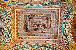Colorful paintings on ceiling wall of Darbar Hall of the Thanjavur Maratha palace, Thanjavur, Tamil Nadu, India.
