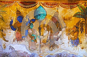 Colorful paintings on the inner wall of the Brihadishvara Temple, Thanjavur, Tamil Nadu, India