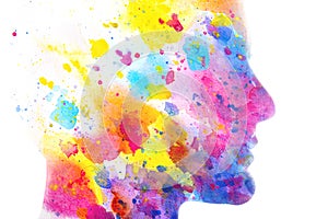 A colorful paintography profile silhouette of a man on a white background