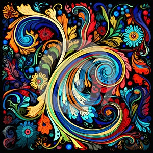 Colorful Paisley Design With Swirling Swirl And Flowers