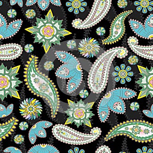 Colorful paisley pattern on black background. Floral print for fabric. - illustration