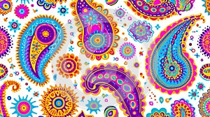 A colorful paisley pattern on a white background with blue and purple, AI